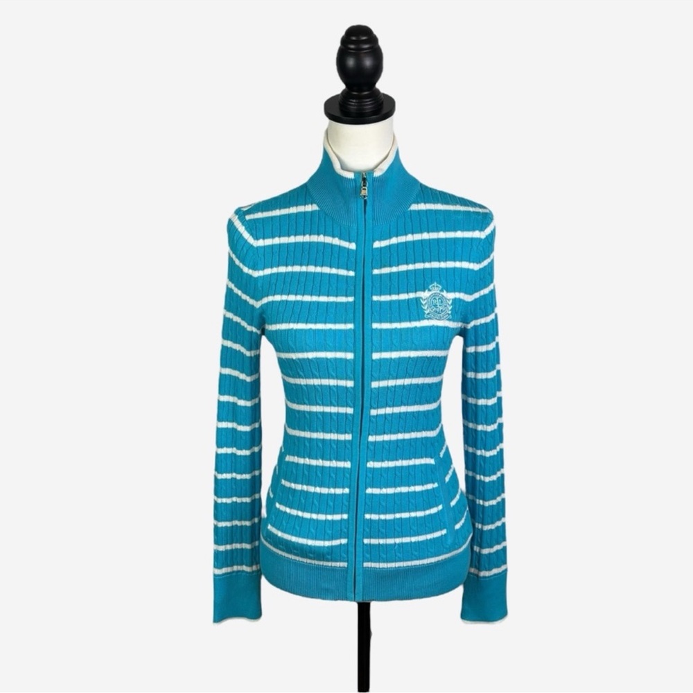 Lauren Ralph Lauren Blue and White Striped Sweater with Crest